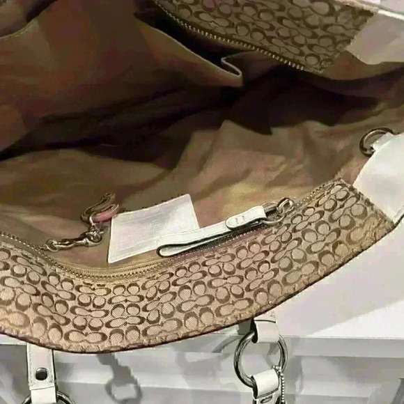 Coach Brown White Jacquard Leather Signature Tote Purse Shoulder Bag - Picture 9 of 10